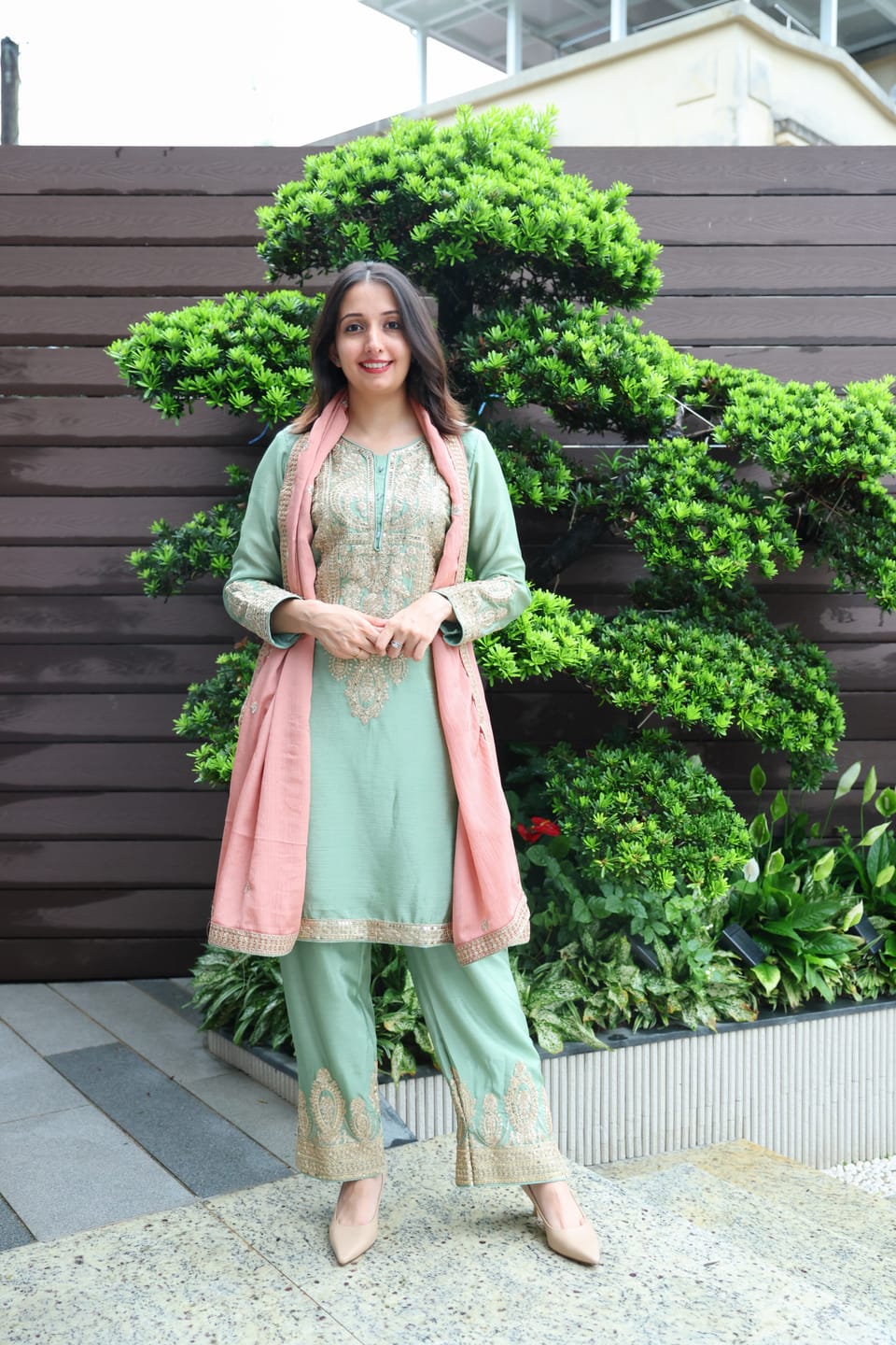Customer photo review of Pistachio Green Embroidered Chinon Palazzo Suit