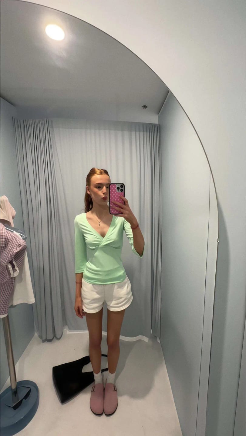 Customer photo review of Leah Deep V Midi Sleeve Tee