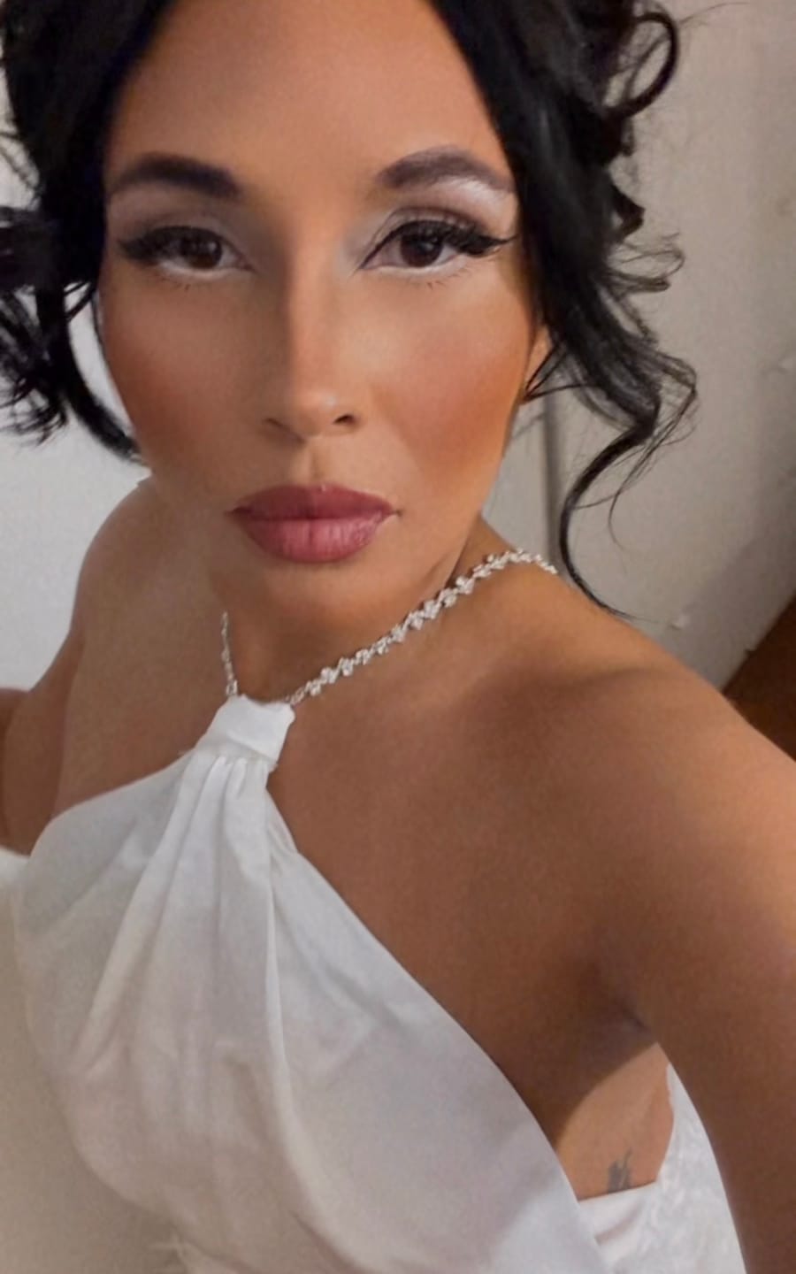 Customer photo review of Moonlit Reverie Satin Rhinestone Maxi Dress White