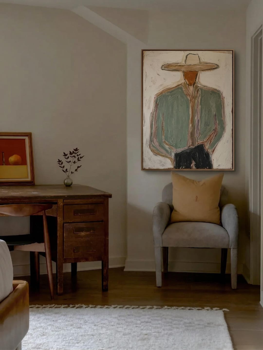 Customer photo review of "Warm Desert Cowboy" – Expressive Sculptural Art | 3D Layered Sage Green & Ochre Canvas | Luxury Vertical Wall Art #PE 010