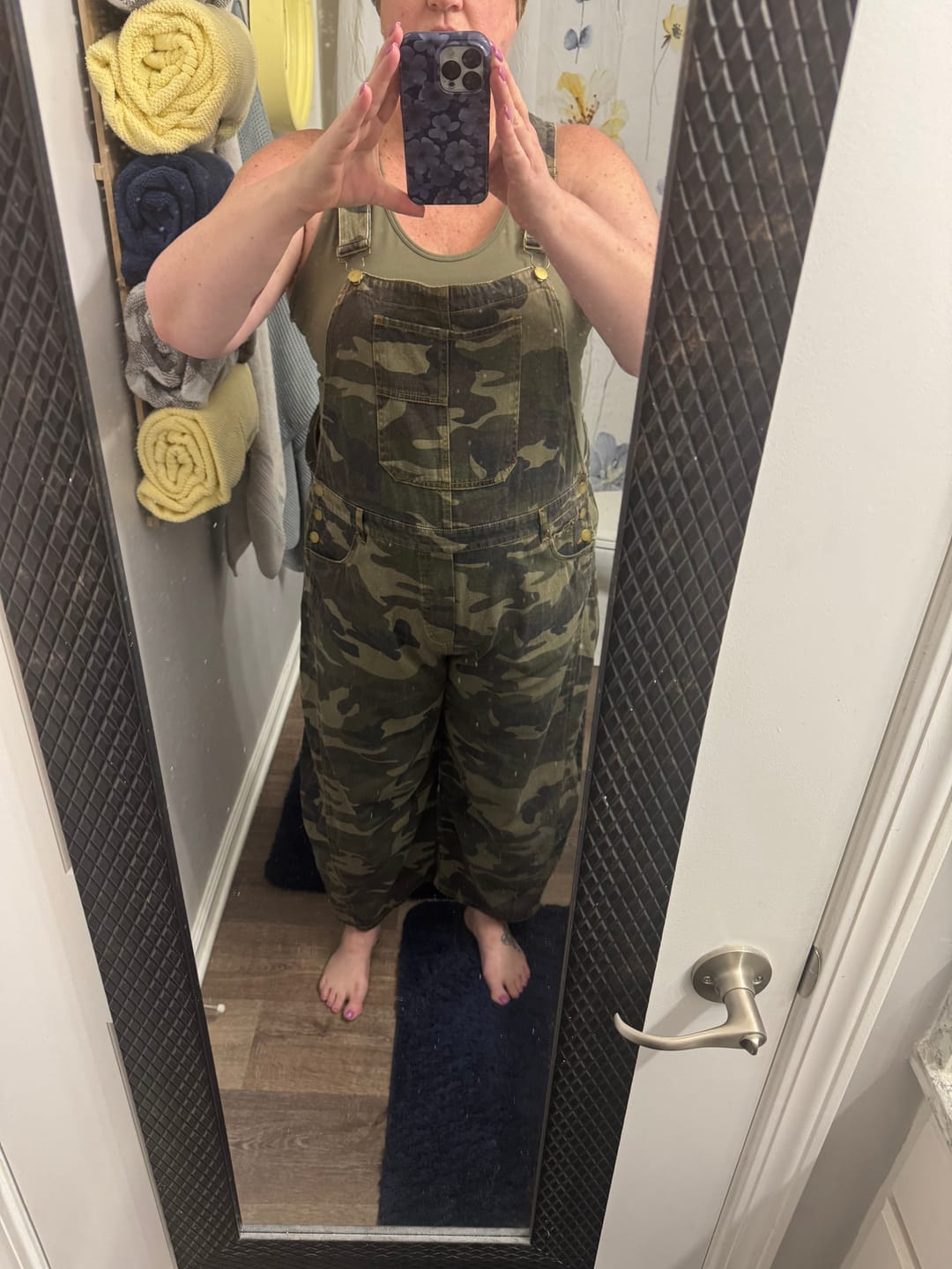 Customer photo review of Washed Denim Barrel Leg Overalls In Camo Print