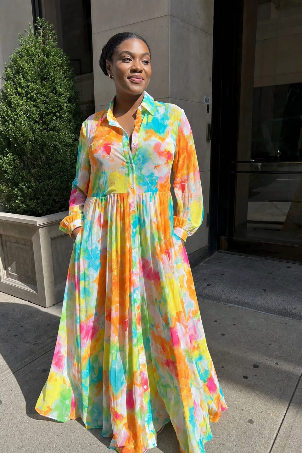 Customer photo review of A-Line Long Sleeves Buttoned Contrast Color Pleated Pockets Printed Lapel Maxi Dresses Shirt Dress