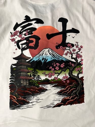 Customer's close-up of the Pagoda Tee, showing the detailed graphic of a pagoda, mountain, and cherry blossoms.