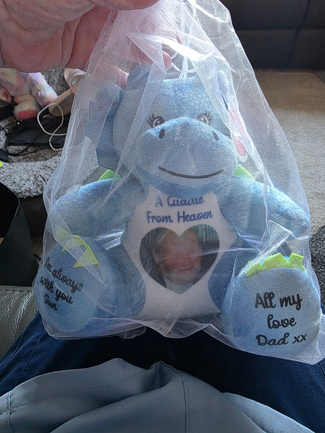 Customer photo review of A Cuddle from Heaven Personalised Photo Teddy Bear