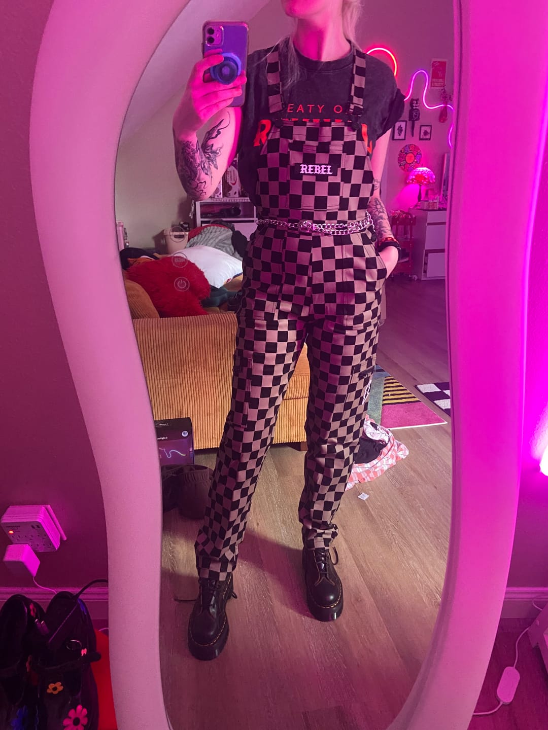 Customer photo review of Women's Overall in Checkered Black + Taupe