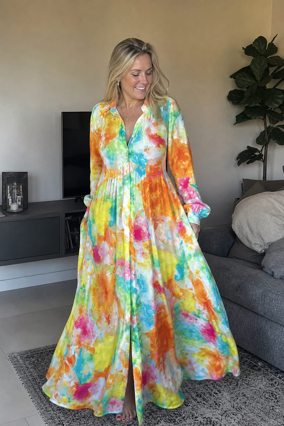 Customer photo review of A-Line Long Sleeves Buttoned Contrast Color Pleated Pockets Printed Lapel Maxi Dresses Shirt Dress