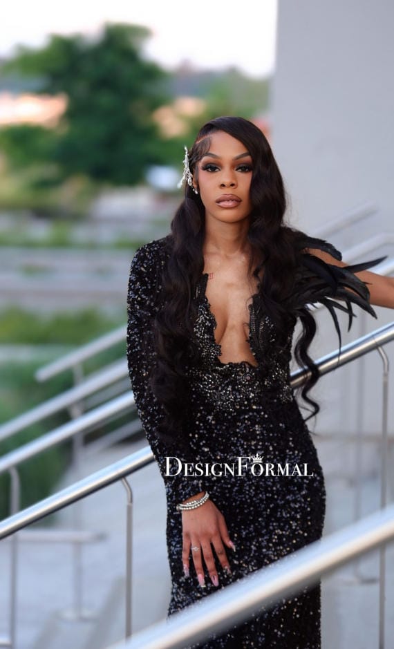 Customer photo review of Black Sparkly Feather Brooch Long Prom Dress