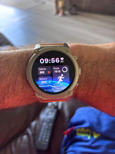 A customer's wrist wearing the Gard Pro Ultra 3, with the digital screen showing fitness tracking metrics.