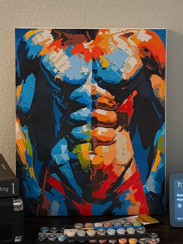 Reviewer's finished painting of the Vibrant Abstract Male Figure, showing bold blue and orange tones on a canvas.