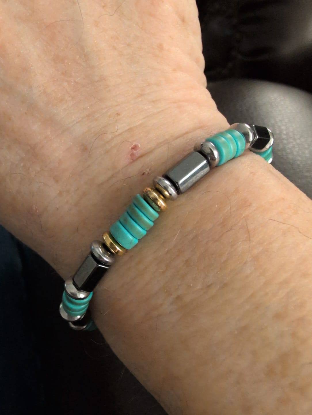 Customer photo review of Men’s Hematite & Turquoise Bracelet – Natural Stone Grounding Jewelry for Strength, Focus & Protection