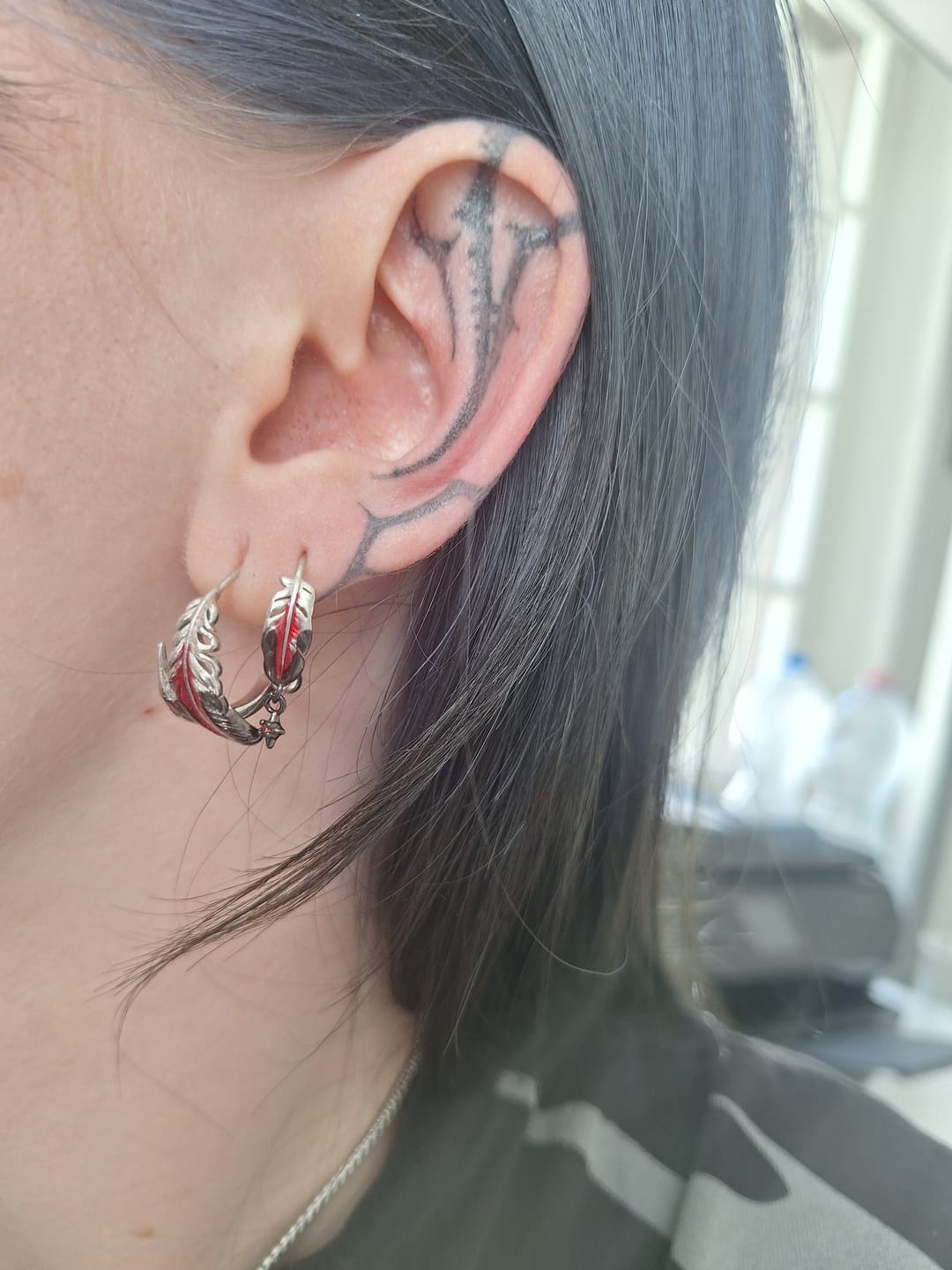 Customer photo review of "Soaring Cranes" 925 Sterling Silver Dainty Feather Stud Earrings, Nature Inspired Jewelry