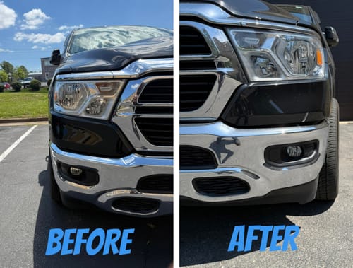 Customer's before-and-after image of a Ram 1500 truck after installing hubcentric wheel spacers for a wider stance.