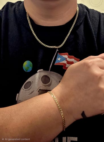 Customer wearing the 14K Hollow Cuban Curb Chain around their neck, with a matching bracelet on their wrist.