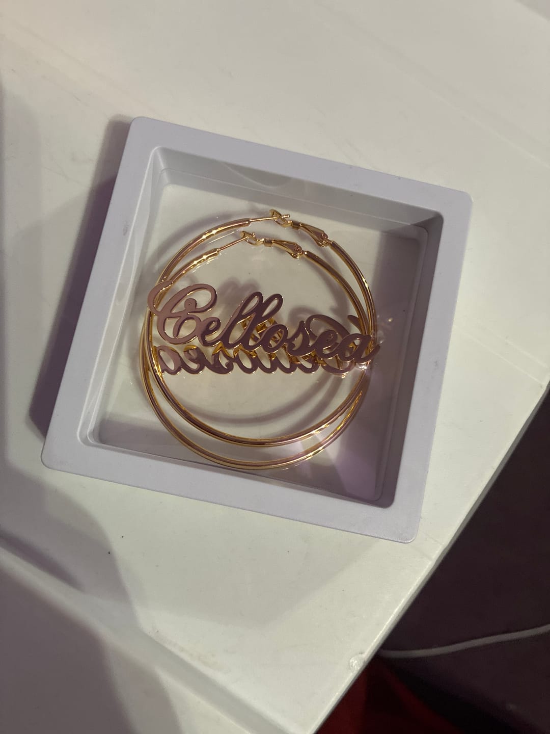 Customer photo review of Script Name Hoop Earrings