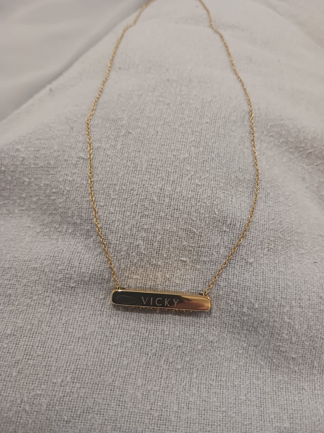 Customer photo review of 3cm Letter Bar Necklace in Gold Horizontal