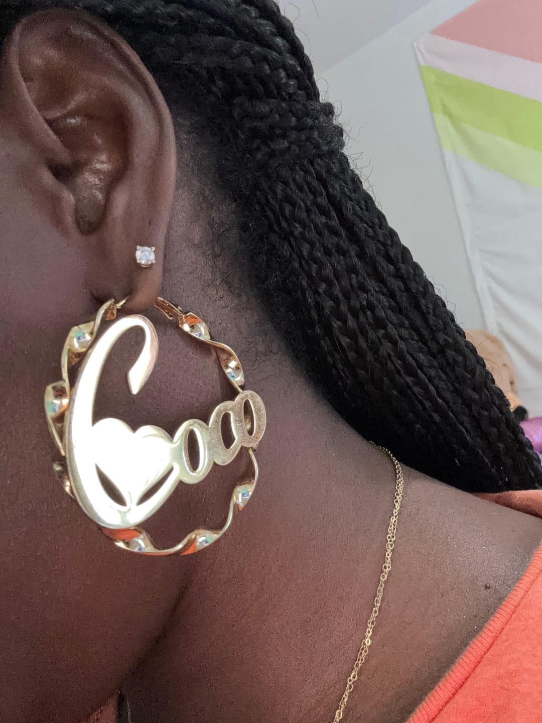 Customer photo review of Heart Twist Name Hoop Earrings