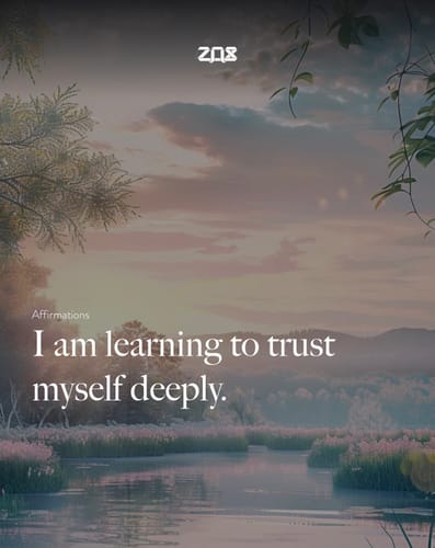 Reviewer's screenshot from the You Deserve Happiness Bracelet showing an affirmation over a serene landscape.