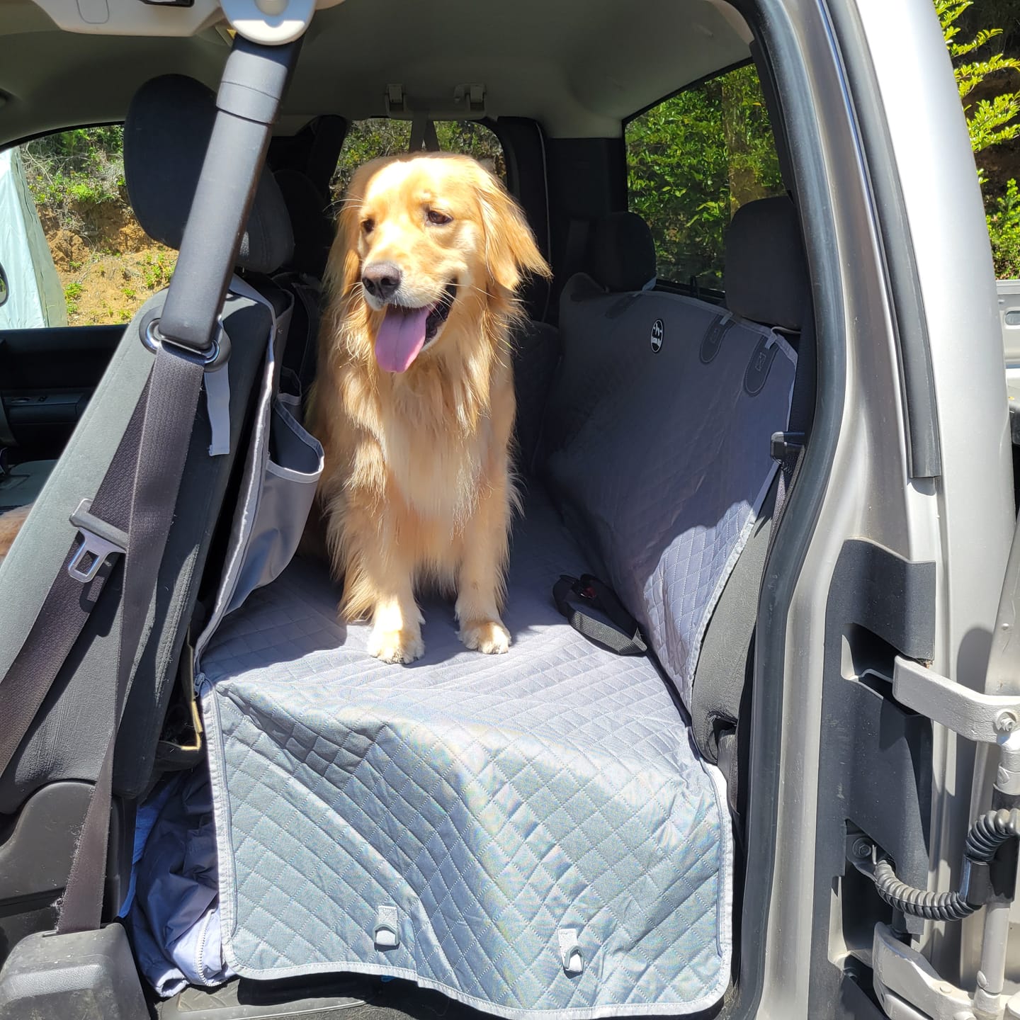 Customer photo review of NEW Waterproof Hard Bottom Car & Truck Seat Foldable Hammock Cover With Storage Pockets, Side Flaps, Headrest Straps, Seat Anchors, & Mesh Window (+FREE SAFETY BELT!)