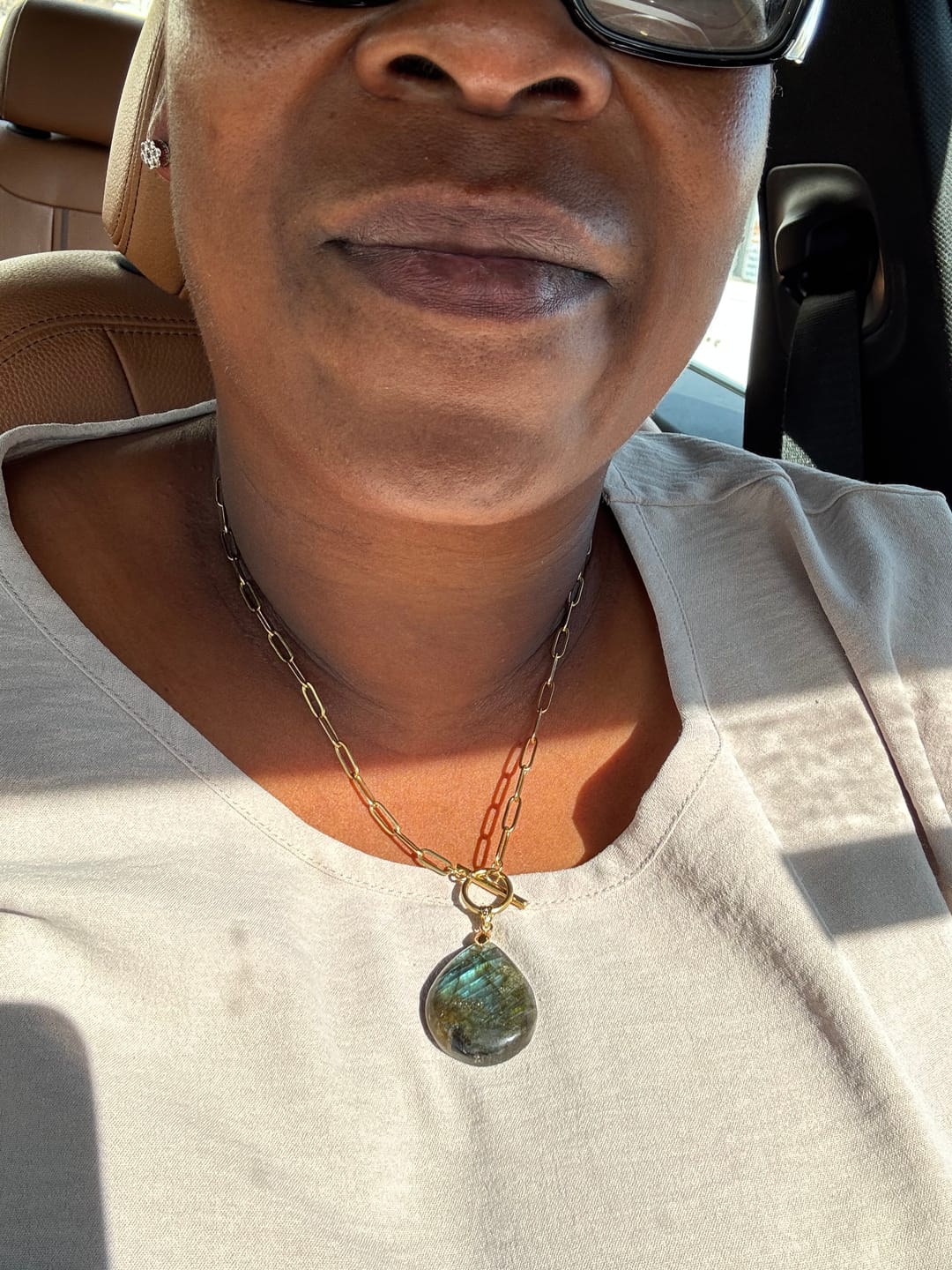 Customer photo review of Truth Seeker Labradorite Drop Necklace