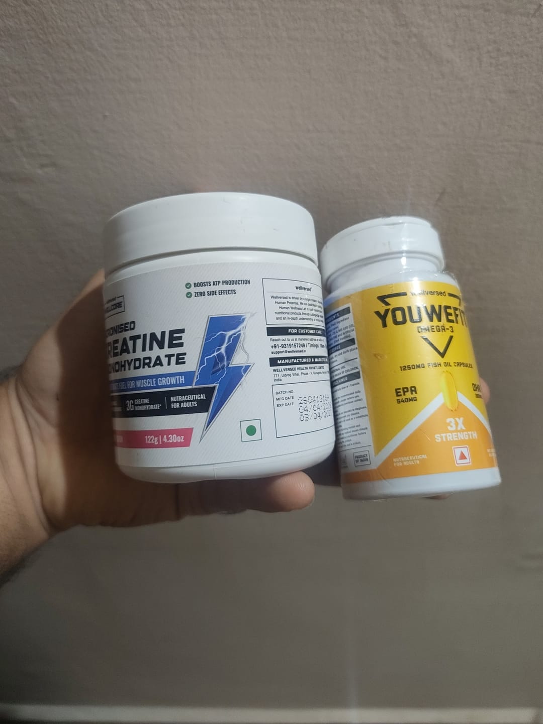 Customer photo review of Wellcore Creatine Monohydrate (Tropical Tango, 33 Servings) + YouWeFit Omega-3 Triple Strength Fish Oil (1250mg, 30 Capsules)