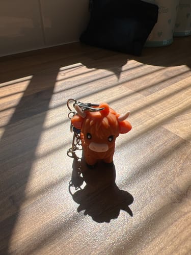 Customer's orange Highland Cow keychain on a wooden surface in bright sunlight.