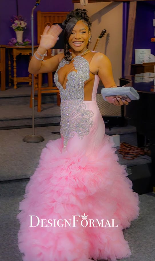 Customer photo review of Candy Pink Sparkly Rhinestone Ruffled Trumpet Prom Dress
