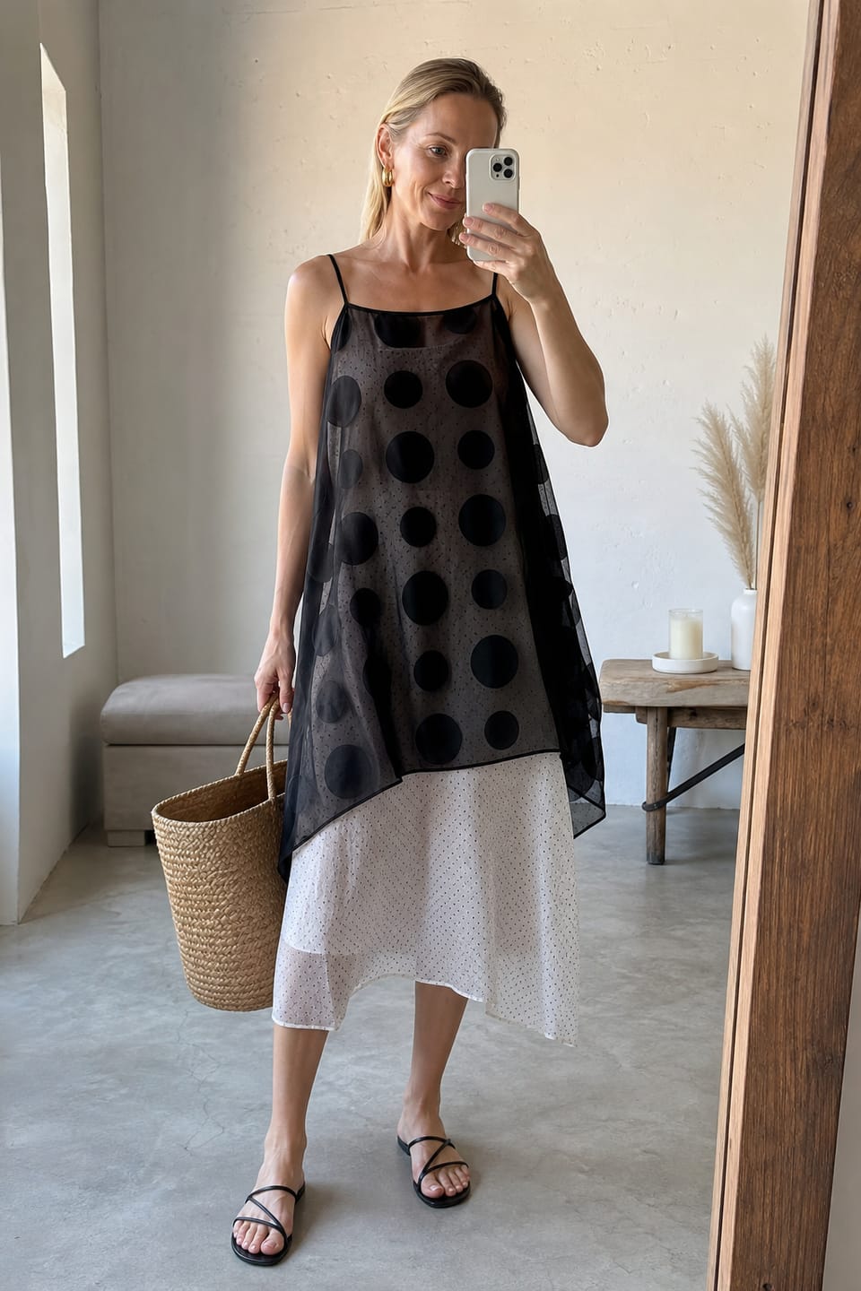 Customer photo review of False Two Sleeveless Contrast Color Polka Dot See-Through Spaghetti-Neck Midi Dresses Slip Dress