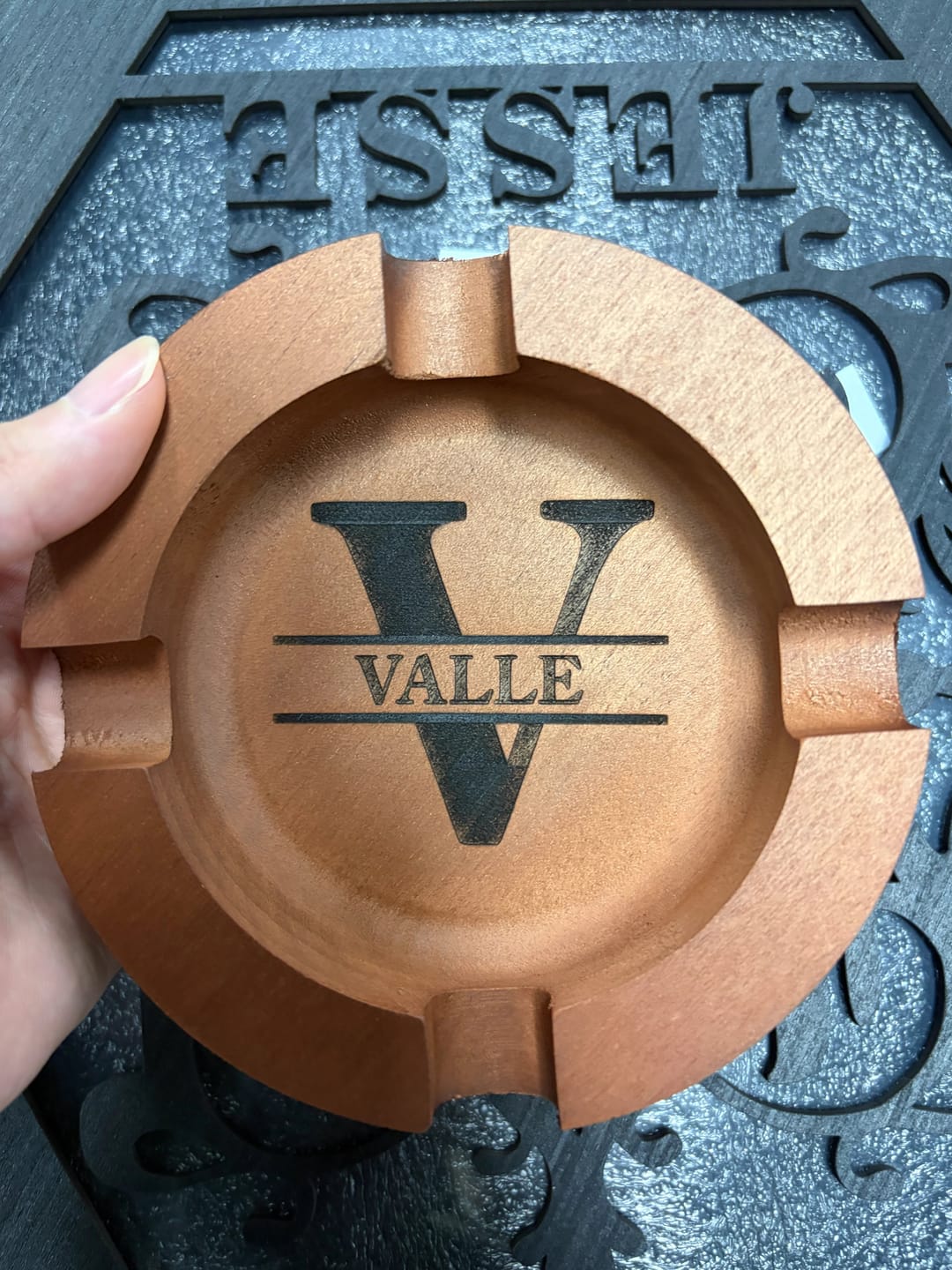 Customer photo review of Personalized Name Walnut Cigar Ash Tray for Dad,Grandpa,Boyfriend,Friend