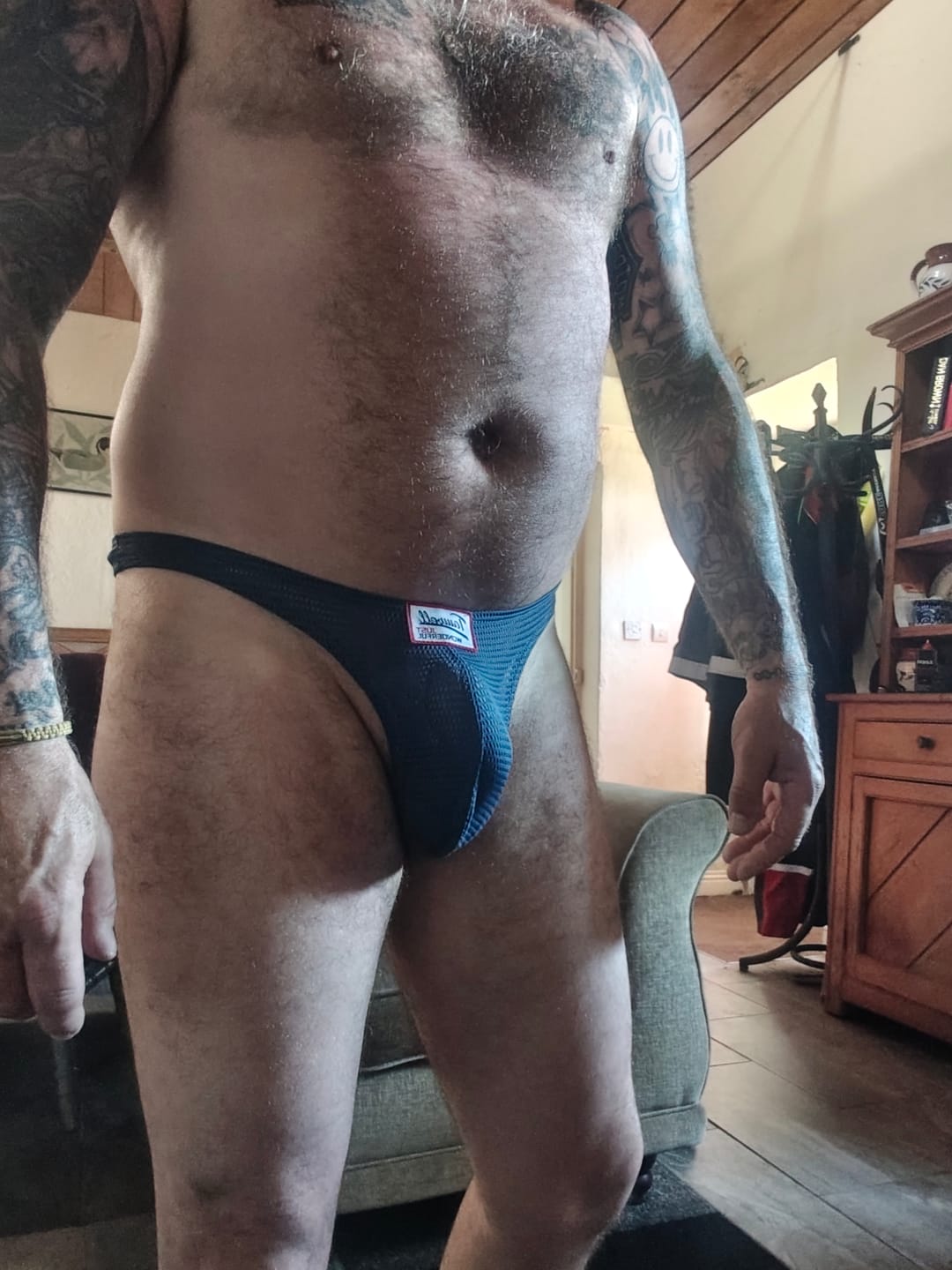 Customer photo review of 2 Pack Men's Sexy Breathable Mesh Thongs with High Stretch