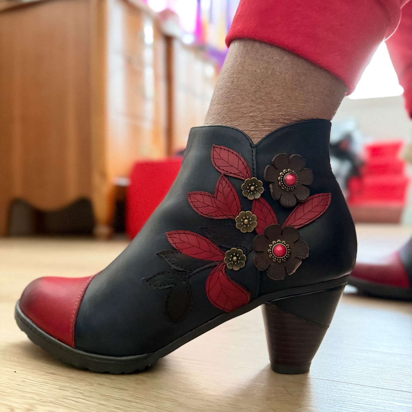 Customer photo review of Retro Boho Floral Charm Ankle Boots