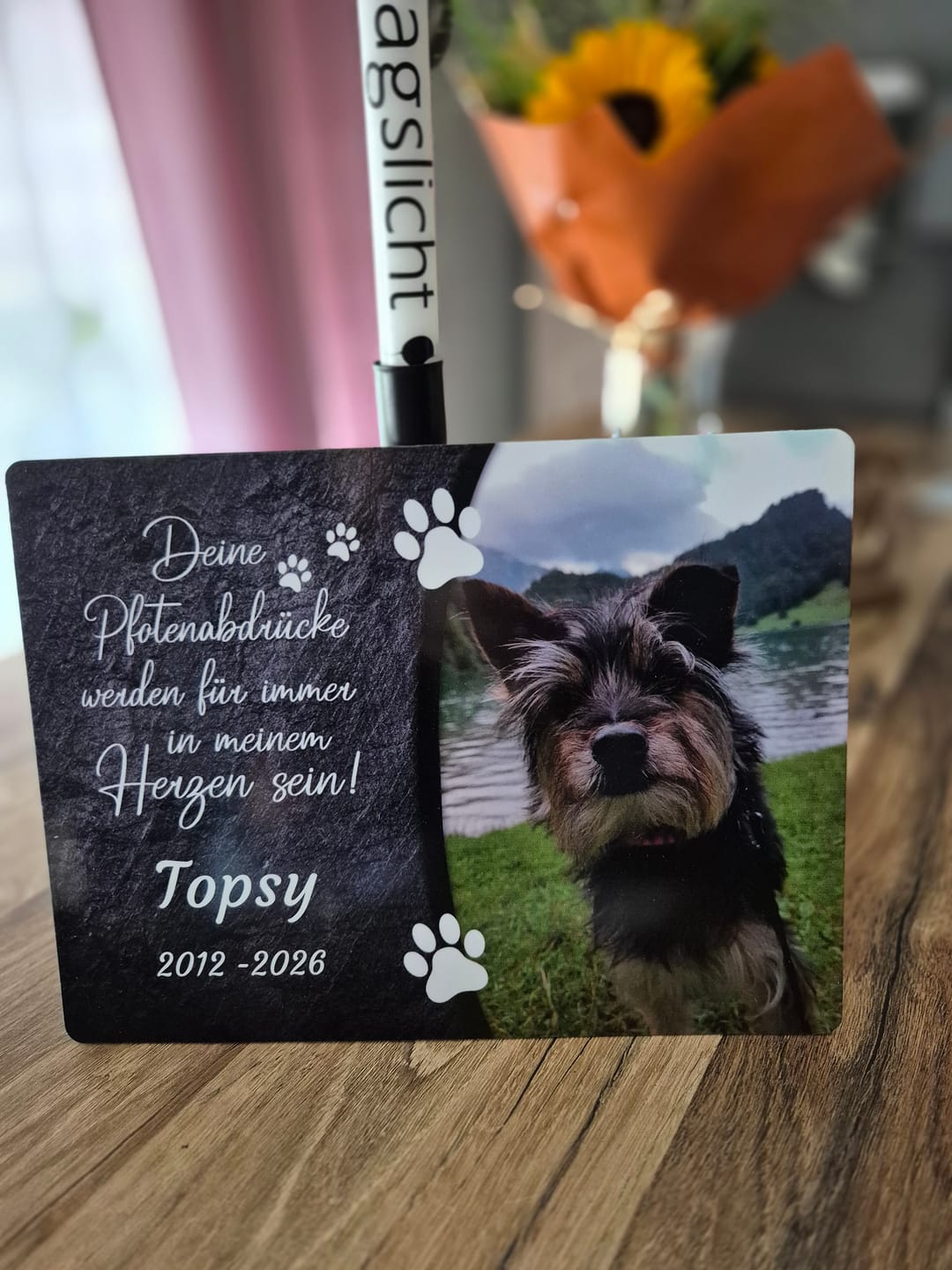 Customer photo review of Hunde Gedenktafel mit Foto & Spruch (UV- &  Wetterfest)