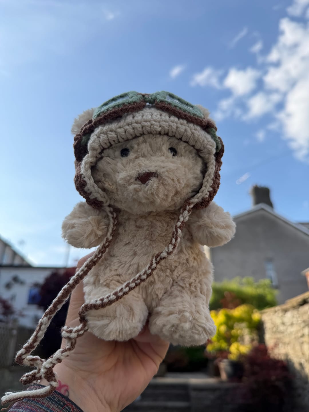 Customer photo review of Green Vintage Pilot Bonnet with Goggles | Handmade Crochet Aviator Hat for Jellycat Bart Junior Bear