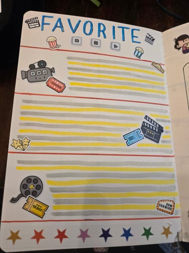 Reviewer's Movie Night Mini Journal page for listing favorite movies, decorated with movie-themed stickers.