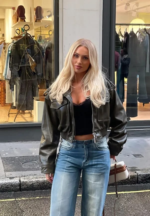 Customer photo review of Brianna Faux Leather Bomber Jacket