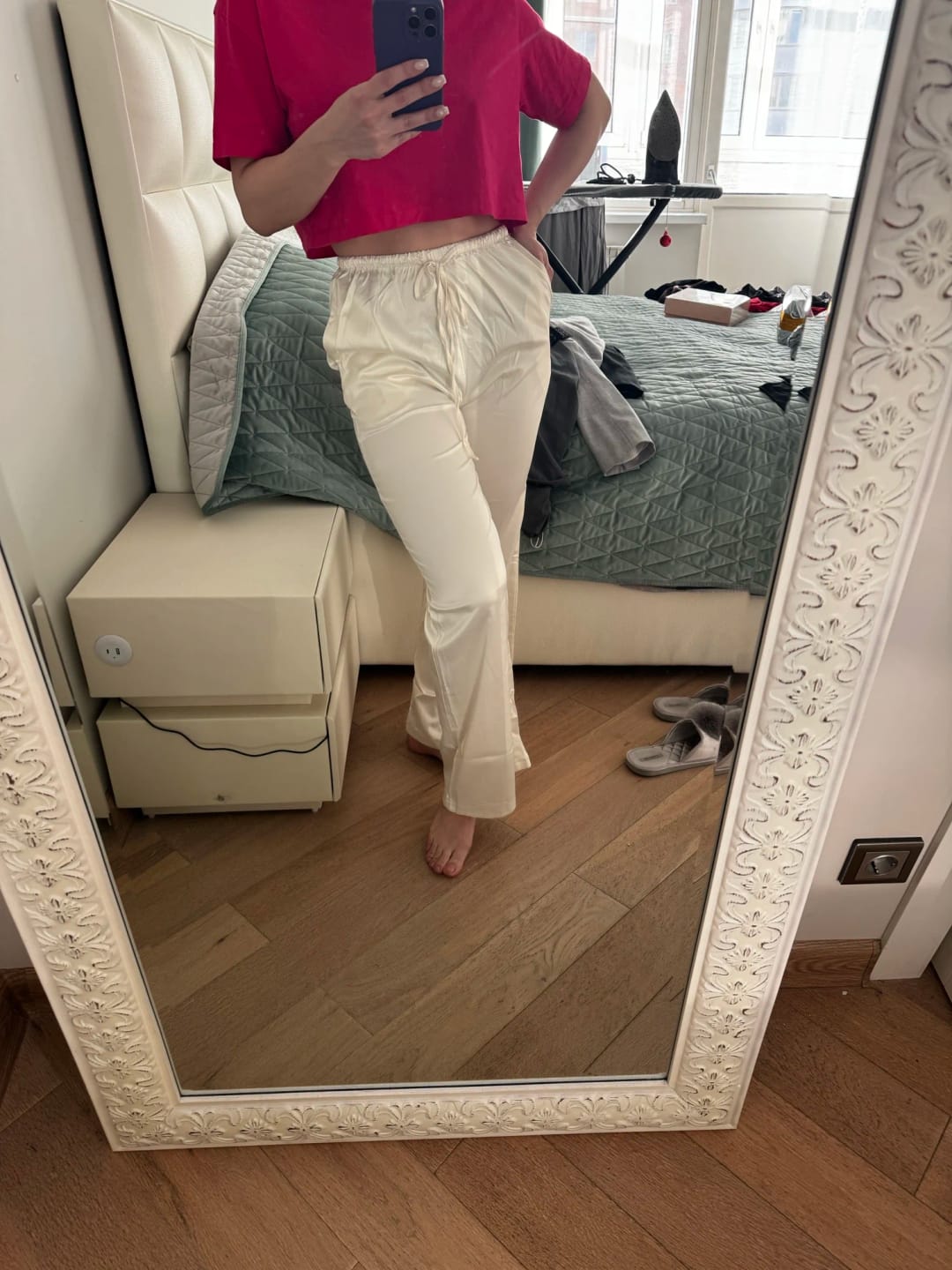 Customer photo review of Elena Wide Leg Satin Trousers