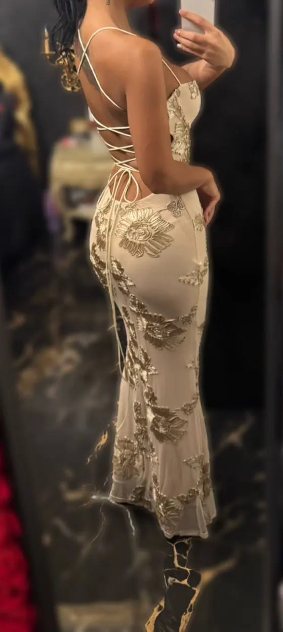 Customer photo review of Beatrice Applique Tie-Back Prom Dress