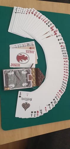 Reviewer showing their Mystery Deck of 'Magicians' cards fanned out with the box.