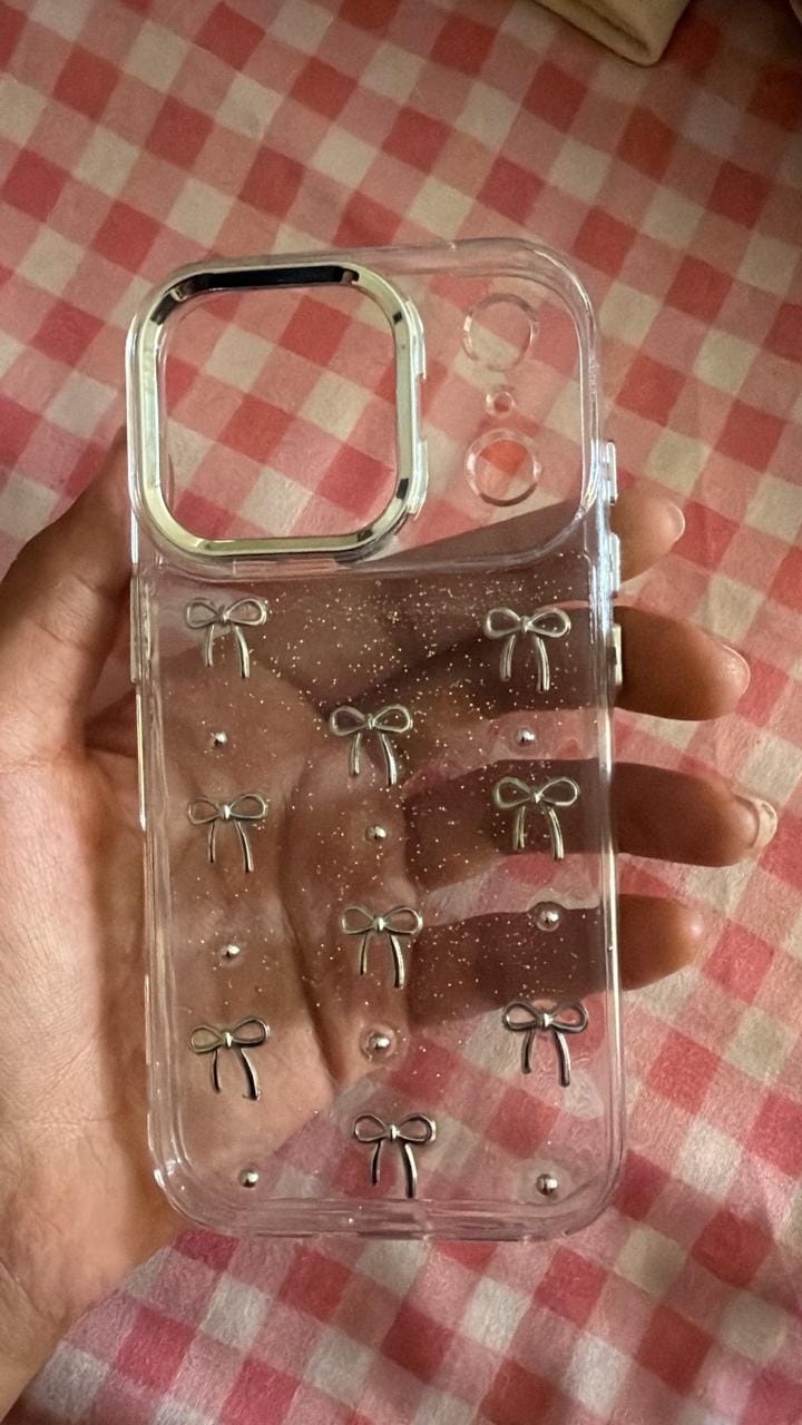 Customer photo review of 3D Glitter Pre-Order Silver Bow Transparent iPhone Case