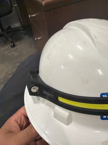 Customer holding a white hard hat with the 80Eighty® HeadLamp attached to the front.