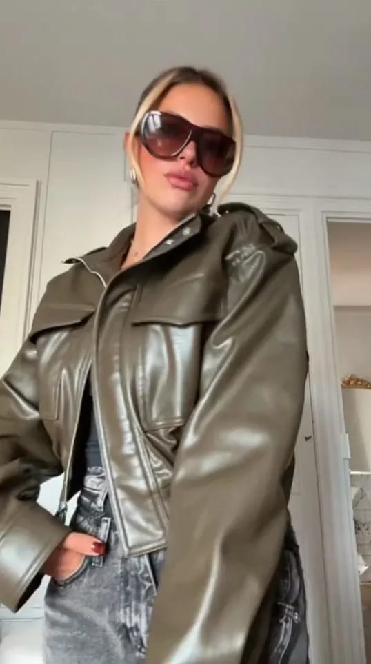 Customer photo review of Brianna Faux Leather Bomber Jacket