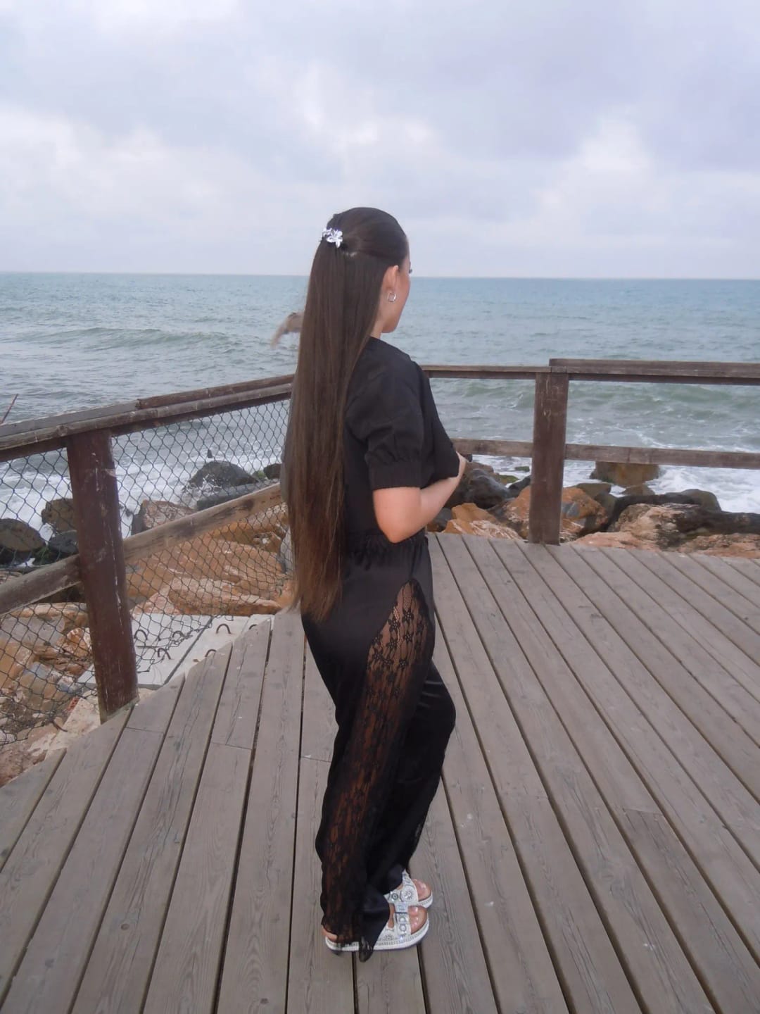 Customer photo review of Casual Lace Satin Patchwork Pants Women Sexy See Through High Waist Lace Up Straight Trousers Spring Summer Lady Chic Trousers
