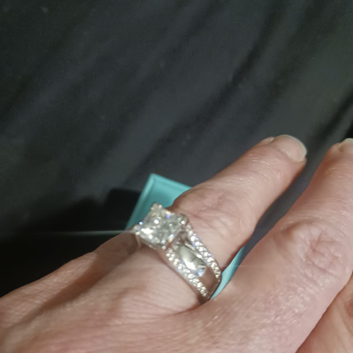 Customer photo review of Princess Cut Moissanite Triple Row Pave Engagement Ring