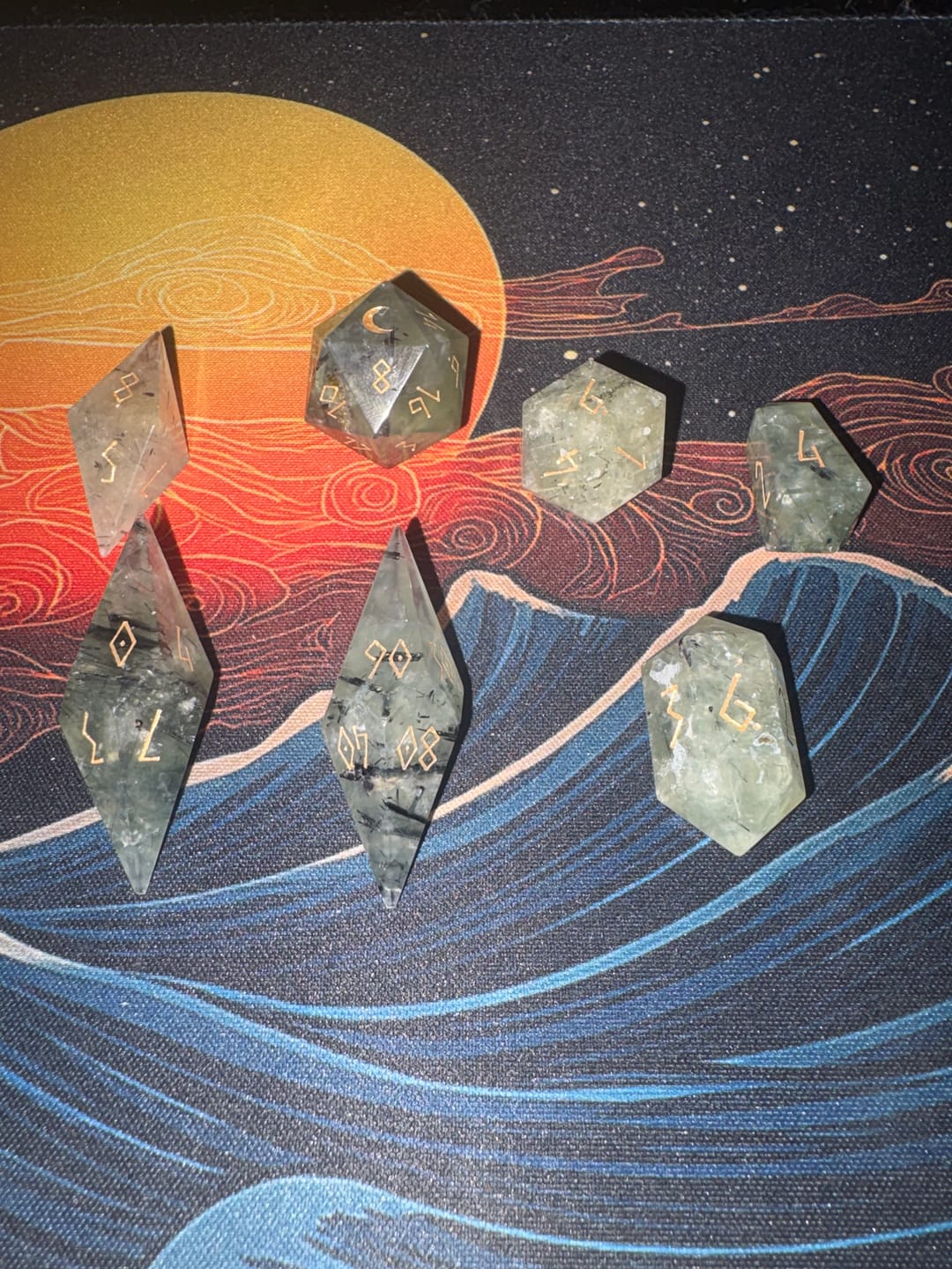 Customer photo review of URWizards D&D Prehnite Gemstone Dice Set Crystal Shape