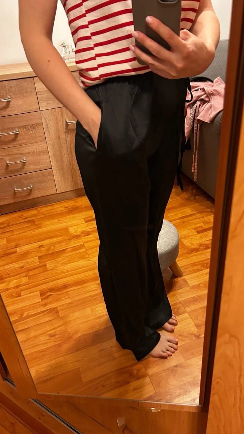 Customer photo review of Elena Wide Leg Satin Trousers