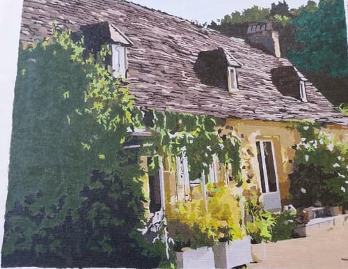 Customer's finished painting from a Custom Paint By Numbers kit, showing a rustic house with ivy.
