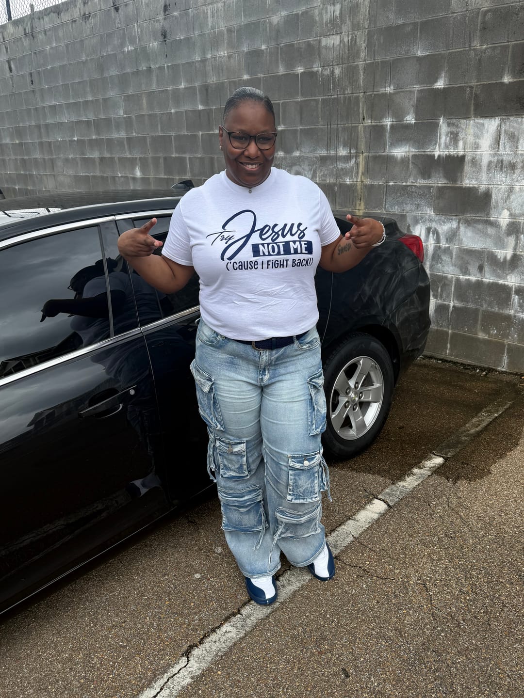 Customer photo review of Main Character Acid Wash Cargo Jeans (Light Denim Wash)