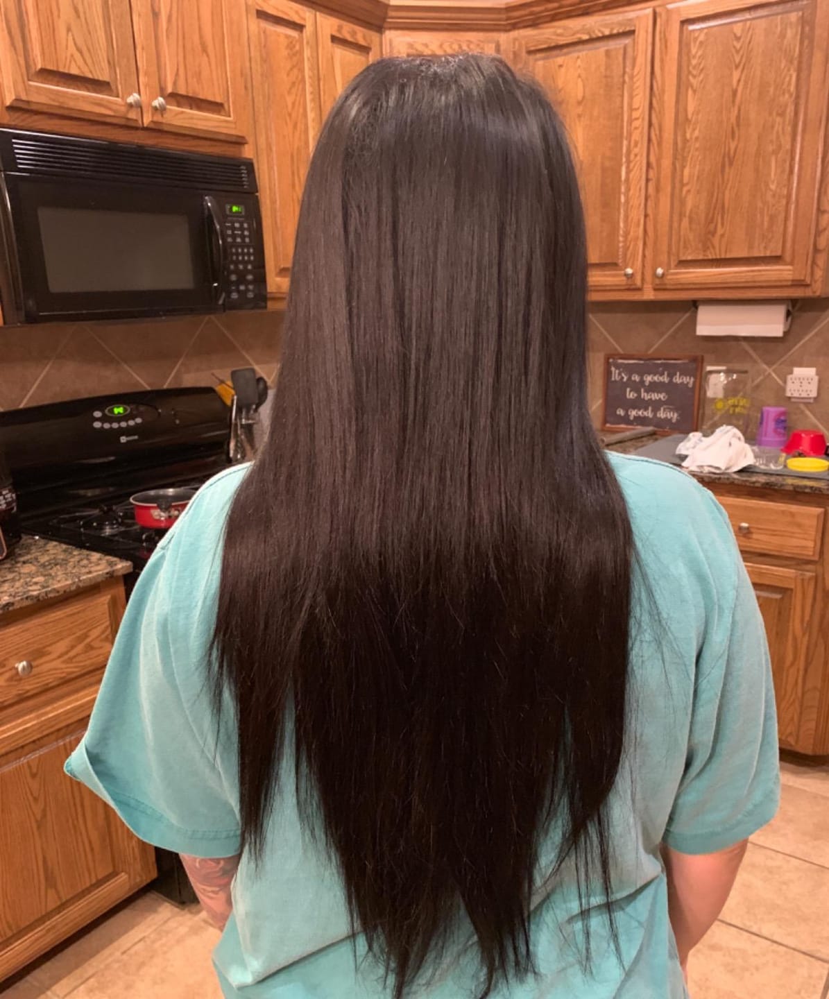 Customer photo review of Dark Brown Virgin Human Hair Invisible Tape in Hair Extensions (#2)