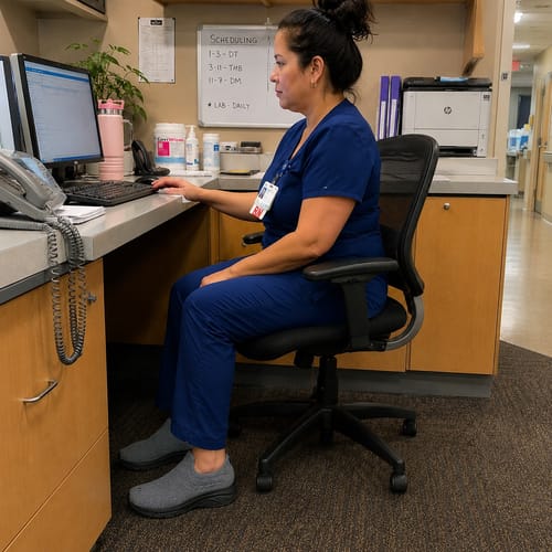 Reviewer in scrubs wearing grey Ortho Glide shoes while sitting at a computer in a hospital.