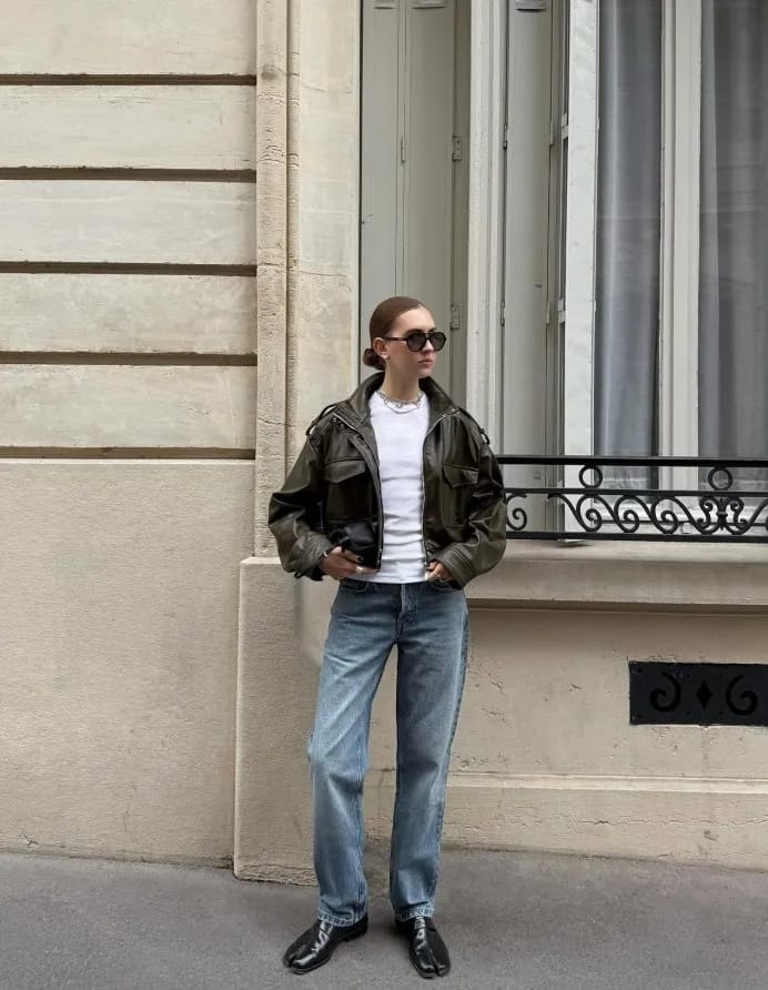 Customer photo review of Brianna Faux Leather Bomber Jacket