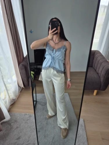 Customer photo review of Elena Wide Leg Satin Trousers